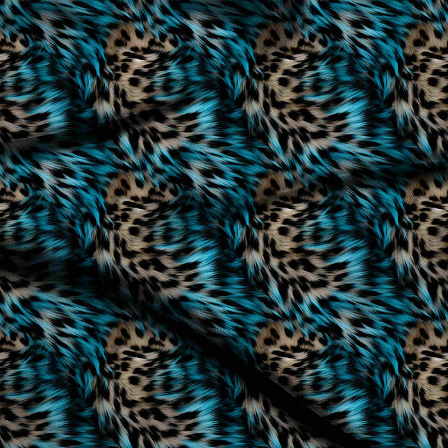 teal blue animal digital print fabric texture — medium scale closeup