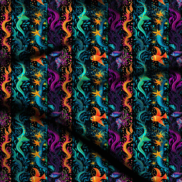 Cyan Blue Vibrant Bioluminescent Underwater Fantasy Scene Print Fabric