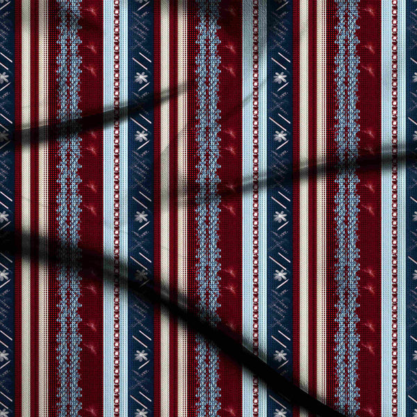 Crimson Red Ethnic Woven-style Stripes Print Fabric