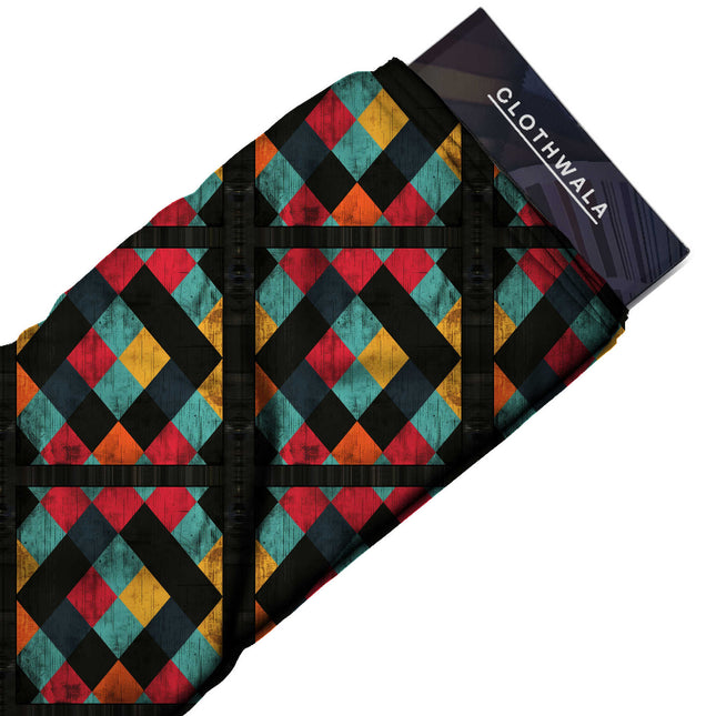 teal geometric print fabric draped — kurta set styling