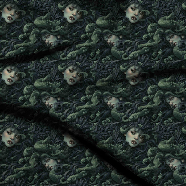 Charcoal Grey Mythical Serpent-haired Faces And Coiling Print Fabric