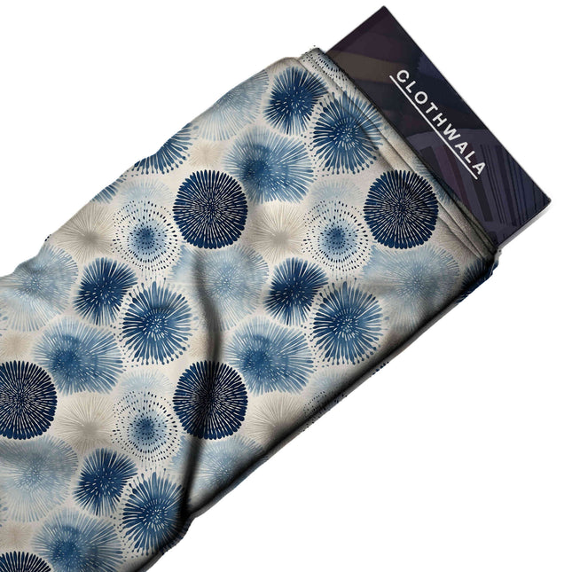 deep indigo floral print fabric draped — kaftan styling