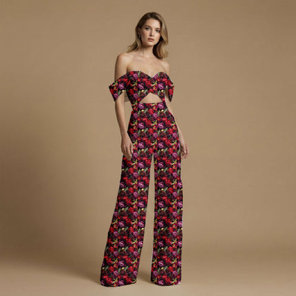 crimson red floral print fabric draped — co-ord set styling