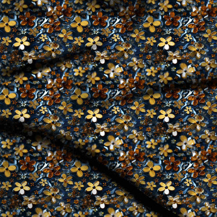 mustard yellow floral digital print fabric texture — medium scale closeup