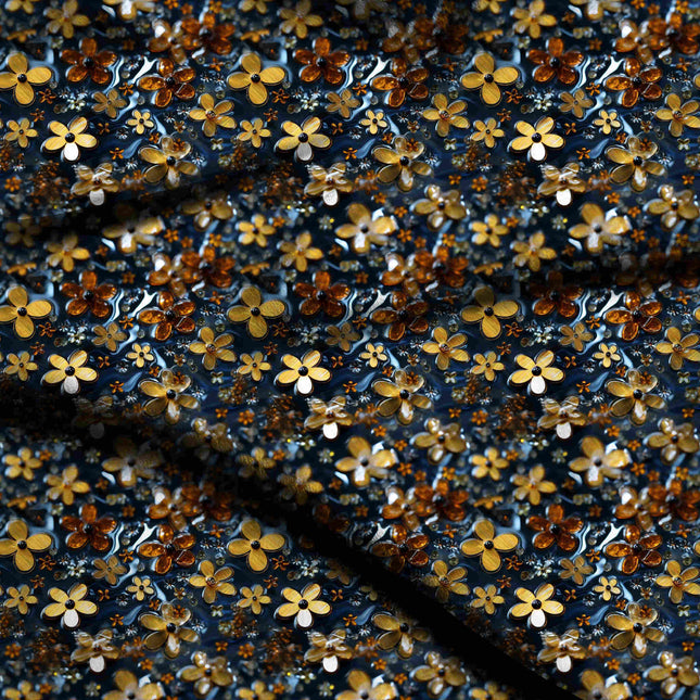mustard yellow floral digital print fabric texture — medium scale closeup