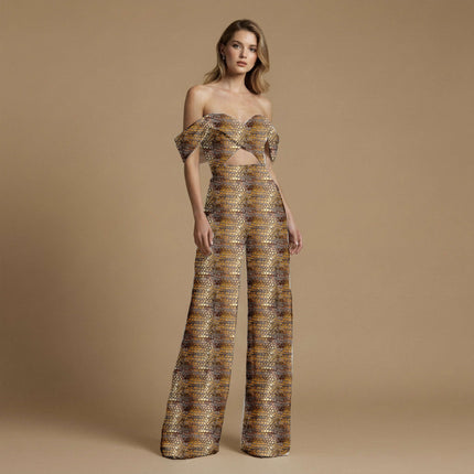 burnished gold animal print fabric draped — lehenga skirt styling