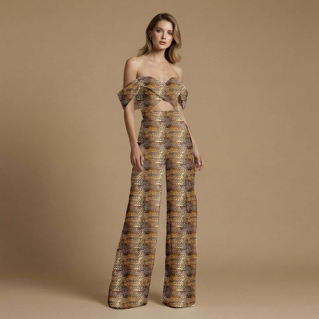 burnished gold animal print fabric draped — lehenga skirt styling