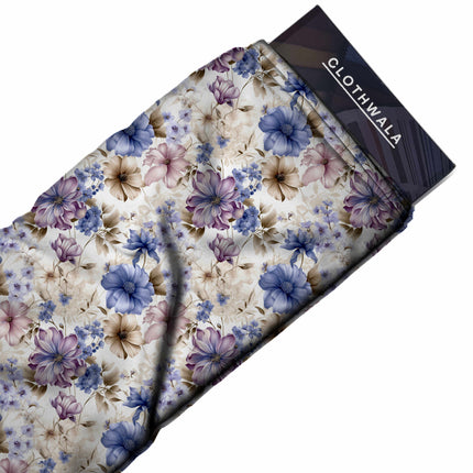 wisteria purple floral print fabric draped — maxi dress styling