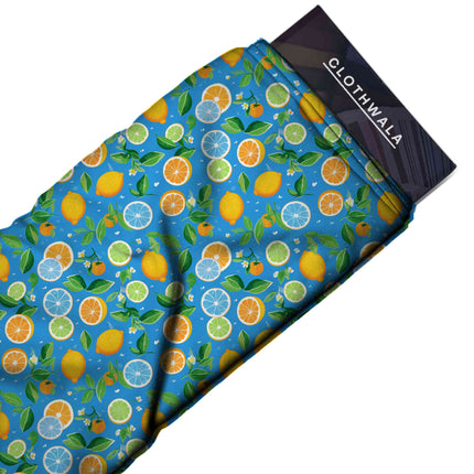 cerulean blue tropical fabric detail — matte finish digital print closeup