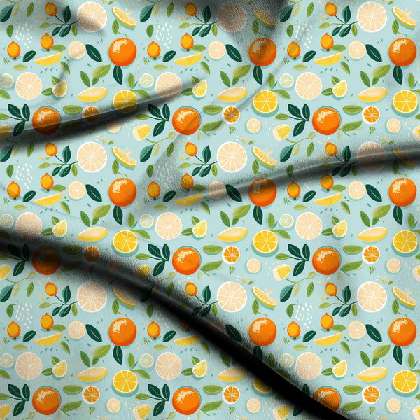 Powder Blue Scattered Zesty Citrus Fruits Print Fabric