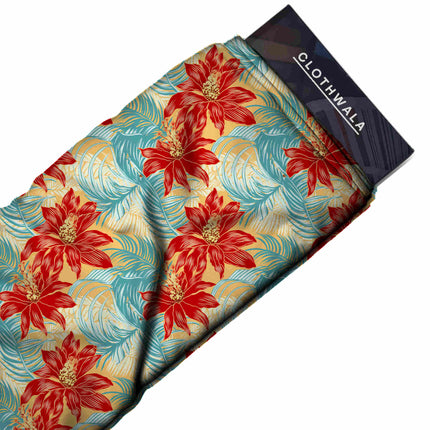 crimson red tropical print fabric draped — saree styling