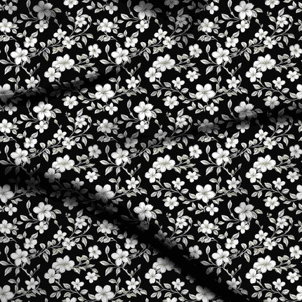 jet black floral digital print fabric texture — medium scale closeup