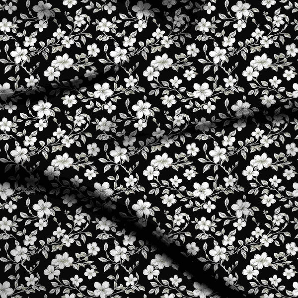 Jet Black Delicate Sketched White Floral Vines Print Fabric