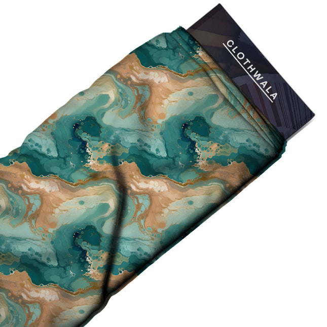 teal abstract print fabric draped — designer kurti styling