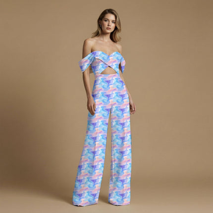 sky blue abstract print fabric draped — co-ord set styling