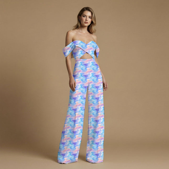 sky blue abstract print fabric draped — co-ord set styling