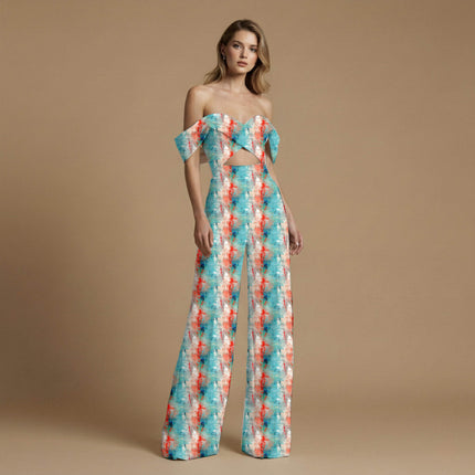 teal abstract print fabric draped — palazzo suit styling