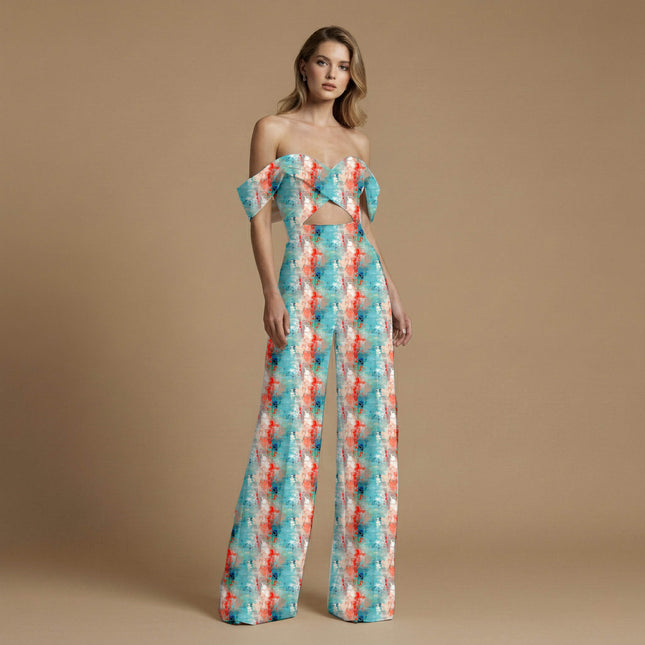 teal abstract print fabric draped — palazzo suit styling