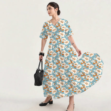 Sky Blue Floral Digital Print Fabric for Maxi | Romantic Garden Party - Image 3