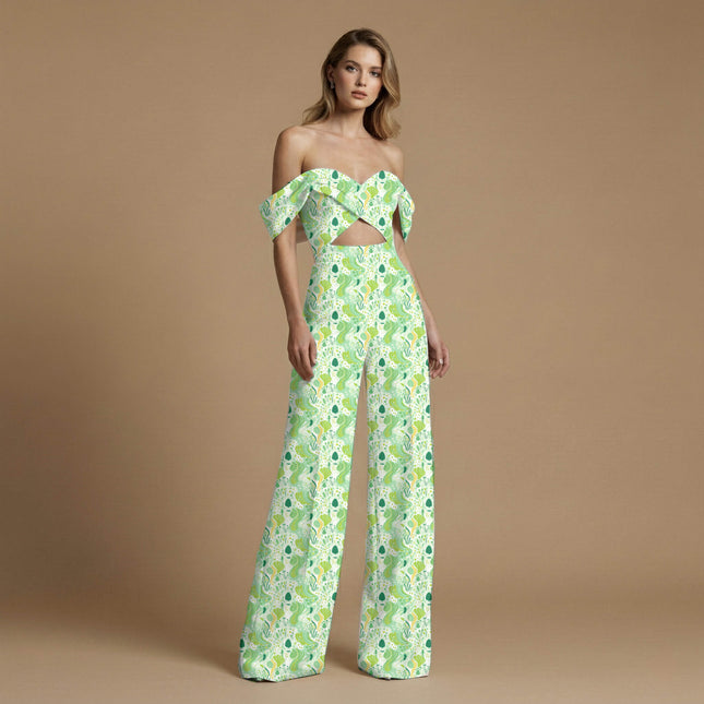 forest green abstract print fabric draped — palazzo pants styling