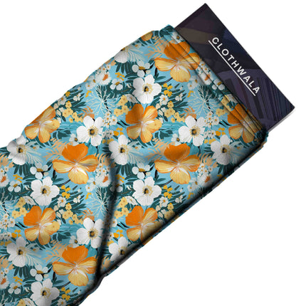 Sky Blue Floral Digital Print Fabric for Set | Festive Fusion Wear - Image 4