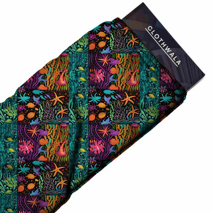teal green tropical print fabric draped — kaftan styling