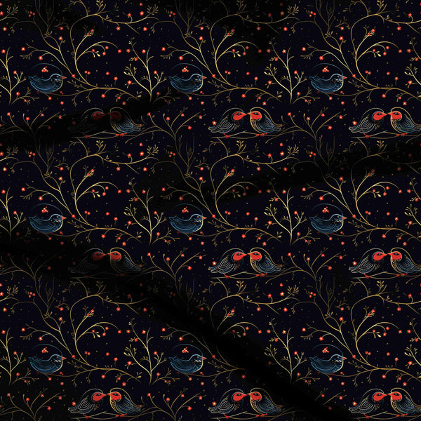 Midnight Blue Stylized Folk Art Birds Print Fabric