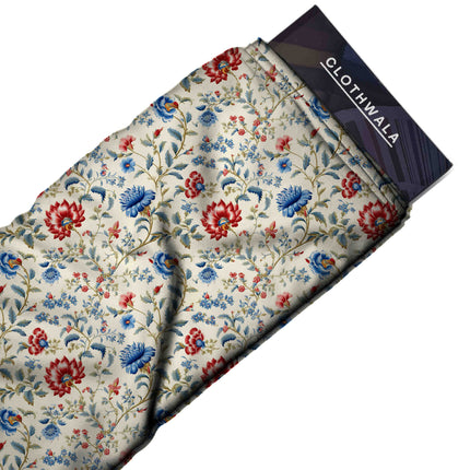 ivory cream floral print fabric draped — saree styling