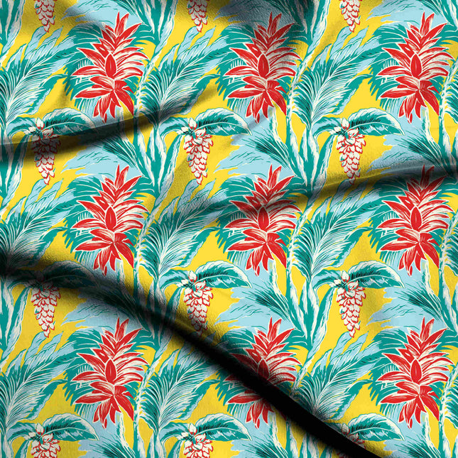 canary yellow tropical digital print fabric texture — large scale closeup
