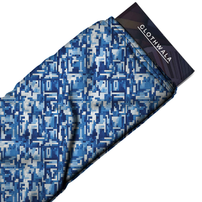 cobalt blue geometric print fabric draped — saree blouse styling