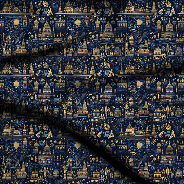 midnight blue ethnic digital print fabric texture — large scale closeup