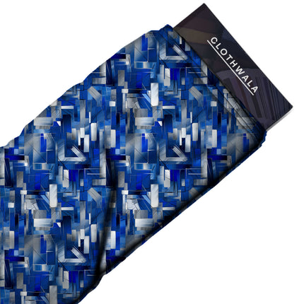 cobalt blue geometric all-over print pattern — large scale repeat layout