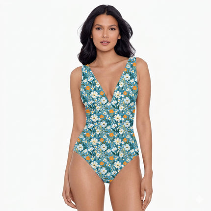 Teal Blue Floral Digital Print Fabric for Dress | Vacation Wear - Image 5