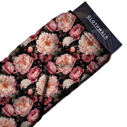 peony pink floral print fabric draped — maxi dress styling