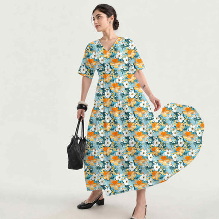 Sky Blue Floral Digital Print Fabric for Set | Festive Fusion Wear - Image 5