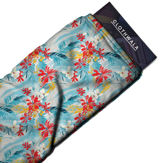 sky blue tropical print fabric draped — kaftan styling