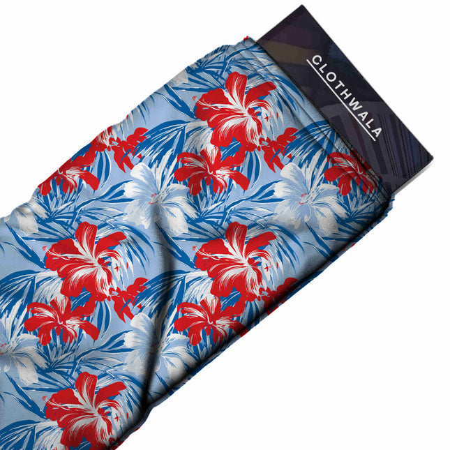 crimson red tropical print fabric draped — saree styling
