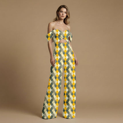 mustard yellow geometric all-over print pattern — large scale repeat layout