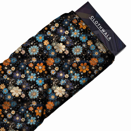 cobalt blue floral fabric detail — digital print closeup