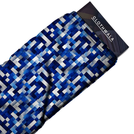 cobalt blue geometric print fabric draped — kurta set styling