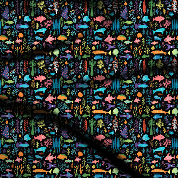 Jet Black Dense Whimsical Underwater Scene Print Fabric