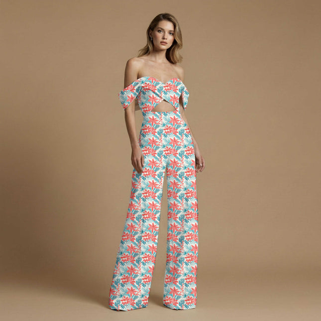 coral red tropical print fabric draped — kurta set styling
