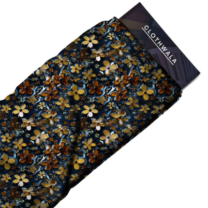 mustard yellow floral fabric detail — glossy finish digital print closeup