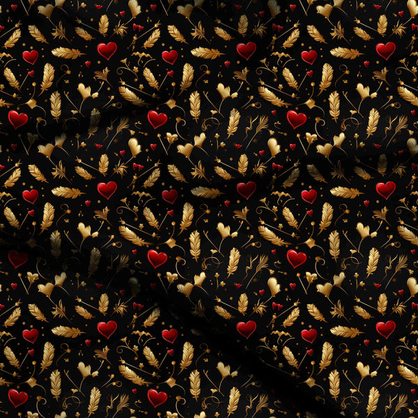 Jet Black Scattered Metallic Gold Feathers Print Fabric