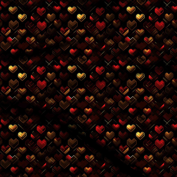 Onyx Black Luminous 3D Geometric Hearts Print Fabric