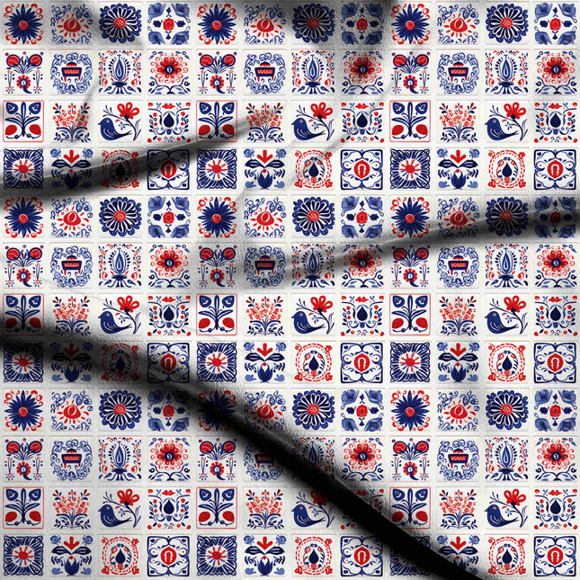 cobalt blue ethnic digital print fabric texture — medium scale closeup