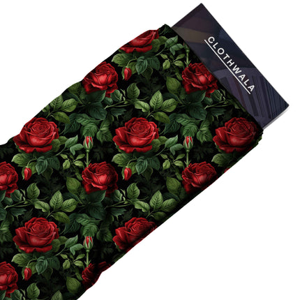 deep crimson floral fabric detail — digital print closeup