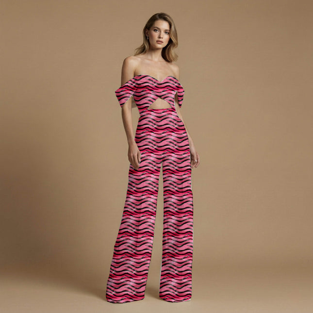 hot pink animal print fabric draped — palazzo suit styling