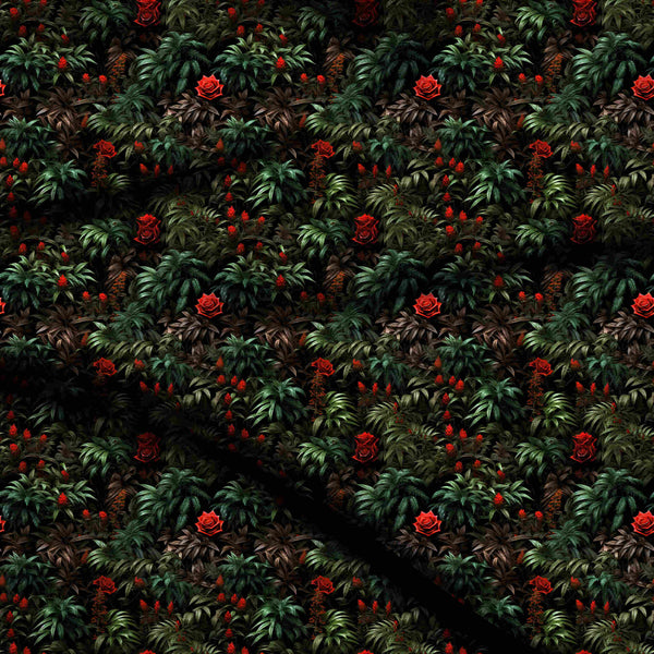Jet Black Dense Tropical Foliage Print Fabric