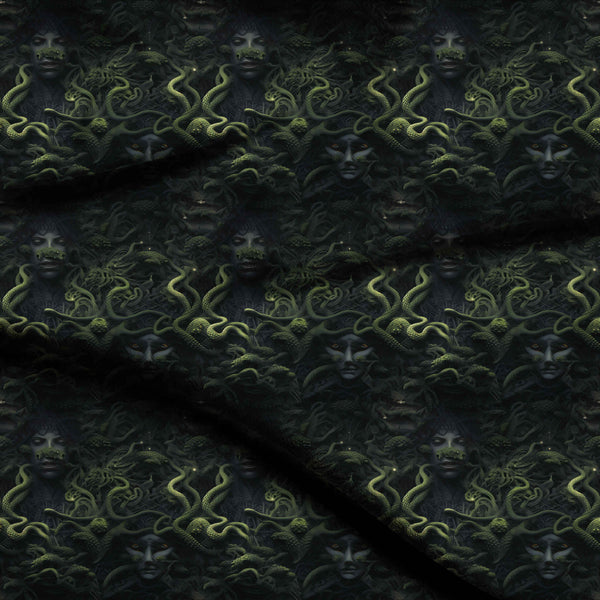 Forest Green Dark Mythical Medusa Faces Print Fabric